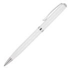 A sleek white ballpoint pen with silver accents, featuring a clip for attachment. The pen is diagonally positioned from top left to bottom right against a plain white background.