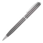 A sleek, metallic gray ballpoint pen with chrome accents, featuring a clip and twist mechanism, isolated on a white background.
