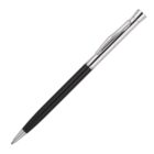A sleek black pen with silver accents, featuring a slim metallic clip and a polished finish, is positioned diagonally against a white background.