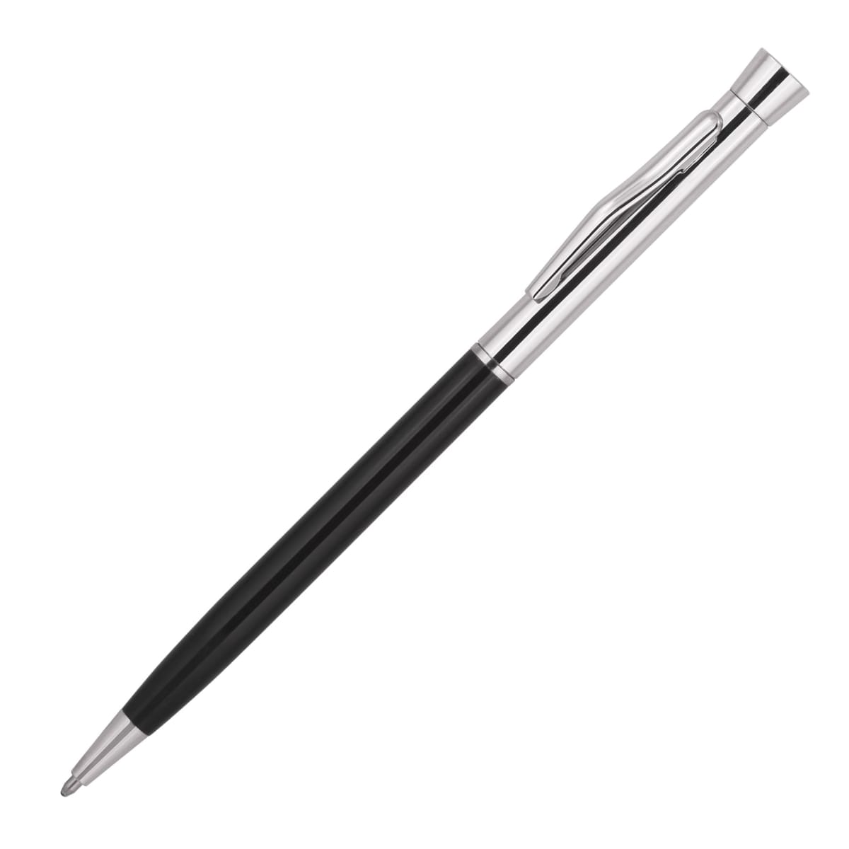 A sleek black pen with silver accents, featuring a slim metallic clip and a polished finish, is positioned diagonally against a white background.
