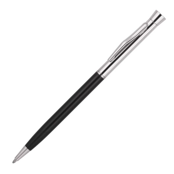 A sleek ballpoint pen with a shiny silver clip and tip, featuring a smooth black barrel. The pen is shown at a diagonal angle against a plain white background.