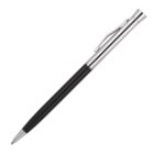 A sleek ballpoint pen with a silver metallic clip and tip, featuring a glossy black barrel in the middle. The pen is angled slightly to the left against a white background.