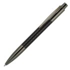 A sleek, metallic ballpoint pen with a textured black barrel and shiny silver accents, featuring a clip on the side. The pen has a tapered design, giving it an elegant and modern appearance.