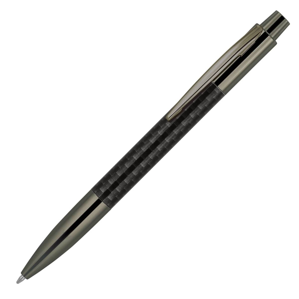 A sleek, metallic ballpoint pen with a textured black barrel and shiny silver accents, featuring a clip on the side. The pen has a tapered design, giving it an elegant and modern appearance.
