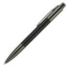 A sleek ballpoint pen featuring a textured black carbon fiber barrel and shiny metallic accents on the tip, clip, and click-top mechanism. The pen is positioned diagonally on a white background.