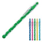 A transparent pen with a green maze inside. The pen has a green cap and clip. To the right, there are five other pens in various colors: blue, pink, red, yellow, and purple. Each has a similar maze design with matching caps and clips.