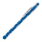 A blue pen with a transparent casing and a blue cap, featuring a geometric design on the barrel. The pen is positioned diagonally with the tip and cap aligned.