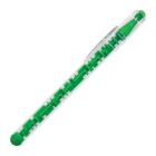 Clear pen with a green maze inside the barrel. The cap and tip are green, matching the mazes color. The design allows the pen to double as a puzzle, with a small ball that can be moved through the maze.