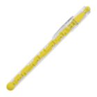 A yellow pen with a transparent cap and barrel, showing a maze design inside. The pen is oriented diagonally from top right to bottom left.