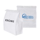 Two white foldable bags are shown. The bag on the left displays the text KROWE, while the bag on the right features the RIVIERA HOLDING d.d. POREČ CROATIA logo in blue.