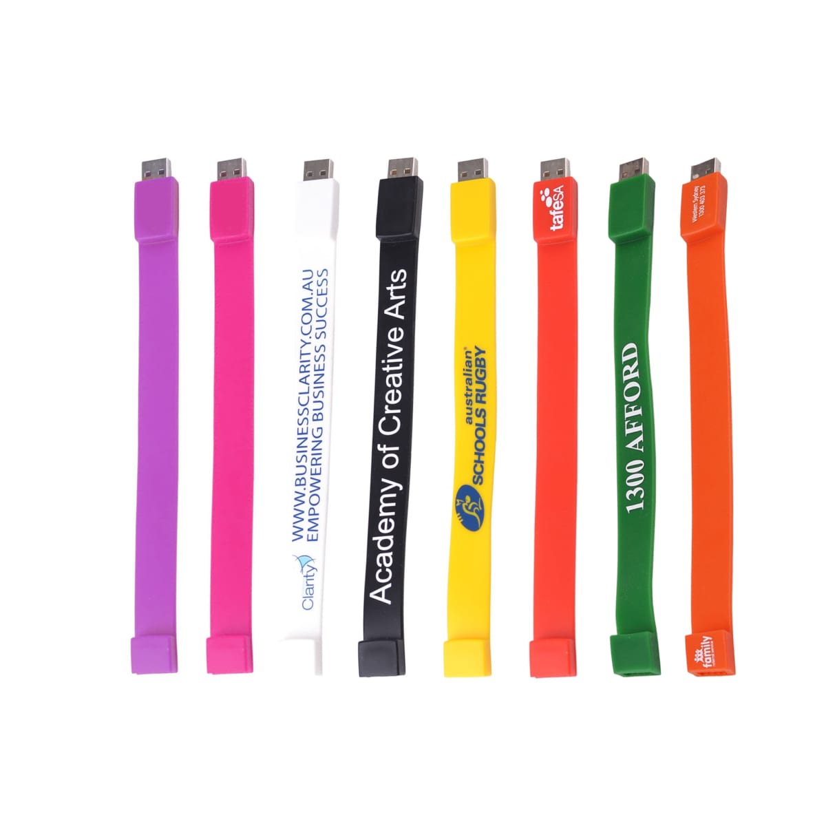 Eight colorful USB bracelets with various logos and text.