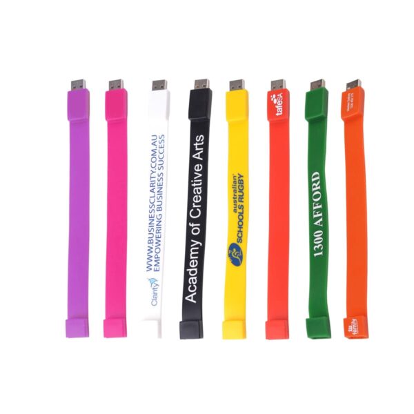 Colorful USB bracelet cables with various logos and text displayed on a white background.
