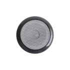 Black and silver round speaker on a white background.