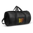 Black duffel bag with BEACH BAG text in yellow and orange gradient on the side.