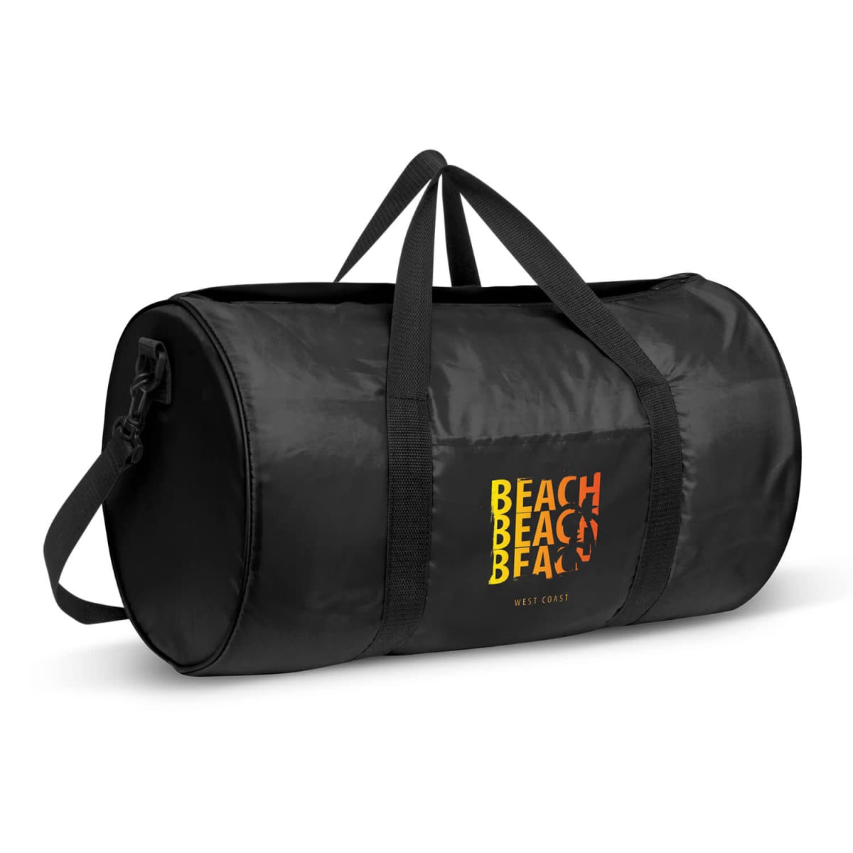 Black duffel bag with BEACH BAG text in yellow and orange gradient on the side.