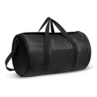 Black cylindrical duffel bag with handles and a shoulder strap on a white background.