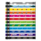 A vertical stack of nine colorful branded adjustable straps featuring logos and text designs, including Visit Lovel and avocado vision. Each strap has a buckle clasp. Colors vary from green, orange, purple, to blue.