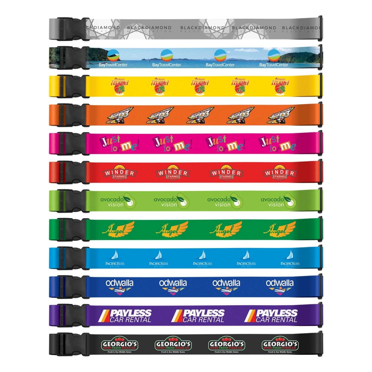 A vertical stack of nine colorful branded adjustable straps featuring logos and text designs, including Visit Lovel and avocado vision. Each strap has a buckle clasp. Colors vary from green, orange, purple, to blue.
