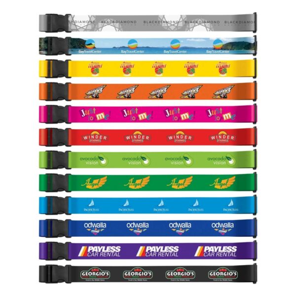 A vertical stack of colorful branded lanyards with buckles, featuring logos and designs for companies like Black Diamond, Winder Dairy, New Belgium, Avocado Vision, Odwalla, Pavless Car Rental, and Georgios.