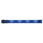 Blue luggage strap with black plastic buckle, featuring the Odwalla logo repeated along its length.