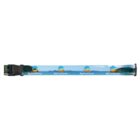 A lanyard featuring a scenic print with a coast and ocean view. It has the Bay Travel Center logo repeated along its length. The lanyard has a black plastic clasp for fastening.