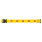 A yellow luggage strap with a black buckle, featuring a repeating design of the text Margaritaville and a graphic of a parrot in a beach setting.