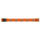 An orange strap with a black plastic buckle, featuring a repeated cartoon image of a winged shoe with laces, likely symbolizing speed or running.