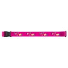 A bright pink strap with a black buckle, featuring the slogan Just fo me! repeated in colorful text along its length.