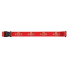 A red belt with a black buckle featuring a repeated logo that reads Winder Farms in white and yellow text on a red background.