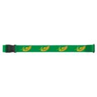 Green luggage strap with an orange logo of wings and the word Angel repeating along its length. The strap has a black plastic buckle on one end.