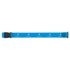 A blue luggage strap with a black buckle. The strap is decorated with a repeated white sailboat logo and the word INVICTUS in white lettering.