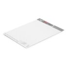 Angled top view of a grid-patterned notepad with a gray header.