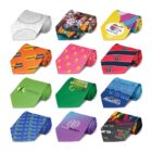 A collection of twelve colorful neckties, each with a unique design and pattern, including abstract graphics, text, logos, and images. Styles range from playful and bright to professional and corporate.
