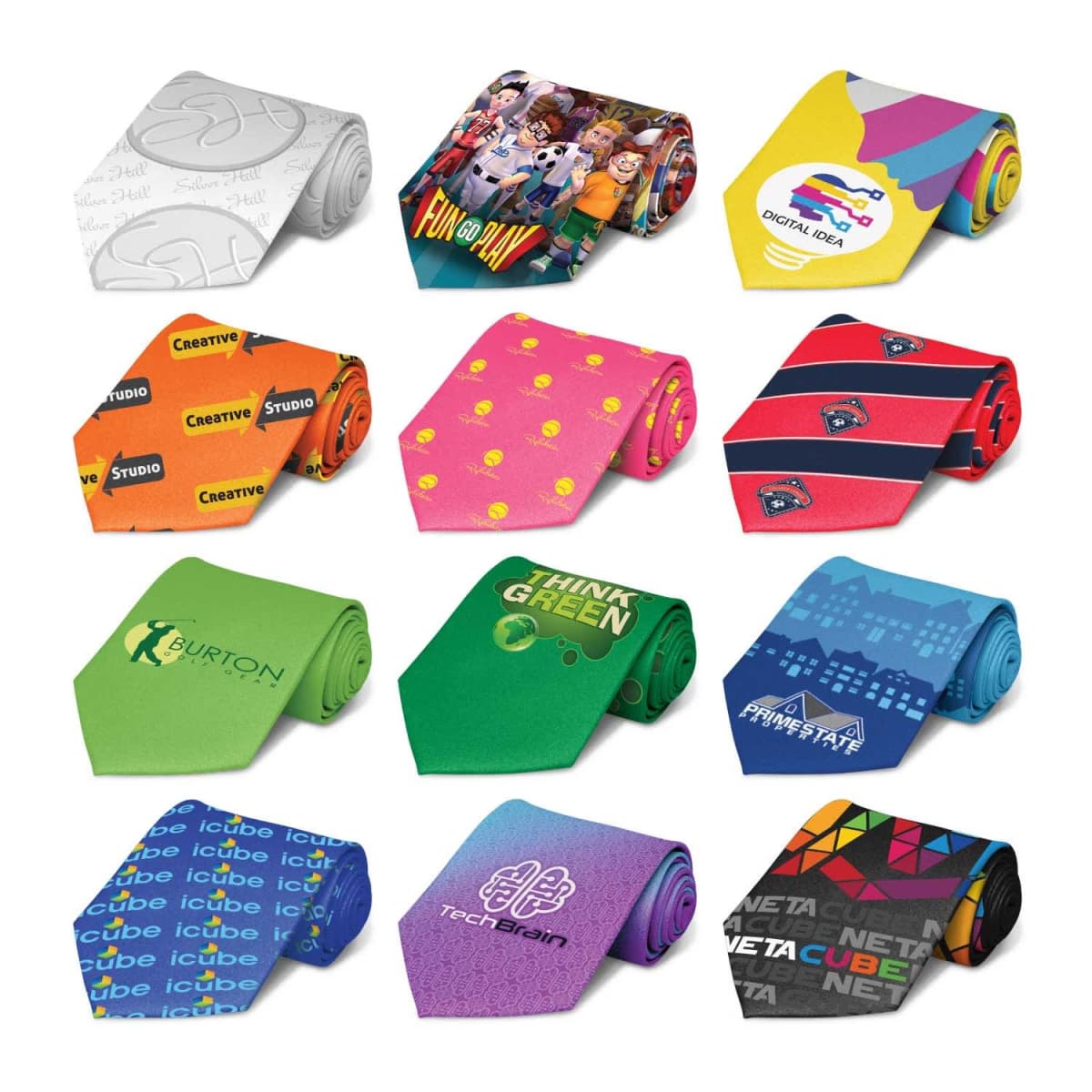 A collection of twelve colorful neckties, each with a unique design and pattern, including abstract graphics, text, logos, and images. Styles range from playful and bright to professional and corporate.