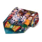 A colorful tie featuring animated characters in sports attire holding a soccer ball and a basketball. The words Fun Go Play are prominently displayed at the bottom. The characters appear enthusiastic and ready for sports activities.
