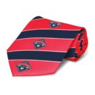 A rolled-up red necktie with diagonal navy stripes. Each stripe features a small emblem depicting a soccer ball with the word College above it. The design repeats along the length of the tie.