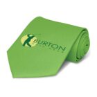 Green necktie featuring a silhouette of a golfer swinging a club in a yellow circle. The text on the tie reads BURTON GOLF GEAR in blue. The tie is neatly rolled on one end.