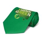 A rolled-up green necktie with the phrase Think Green printed on it in bold white and green letters. Below the text is a graphic of a globe with a green hue, set against a green background with bubble designs.