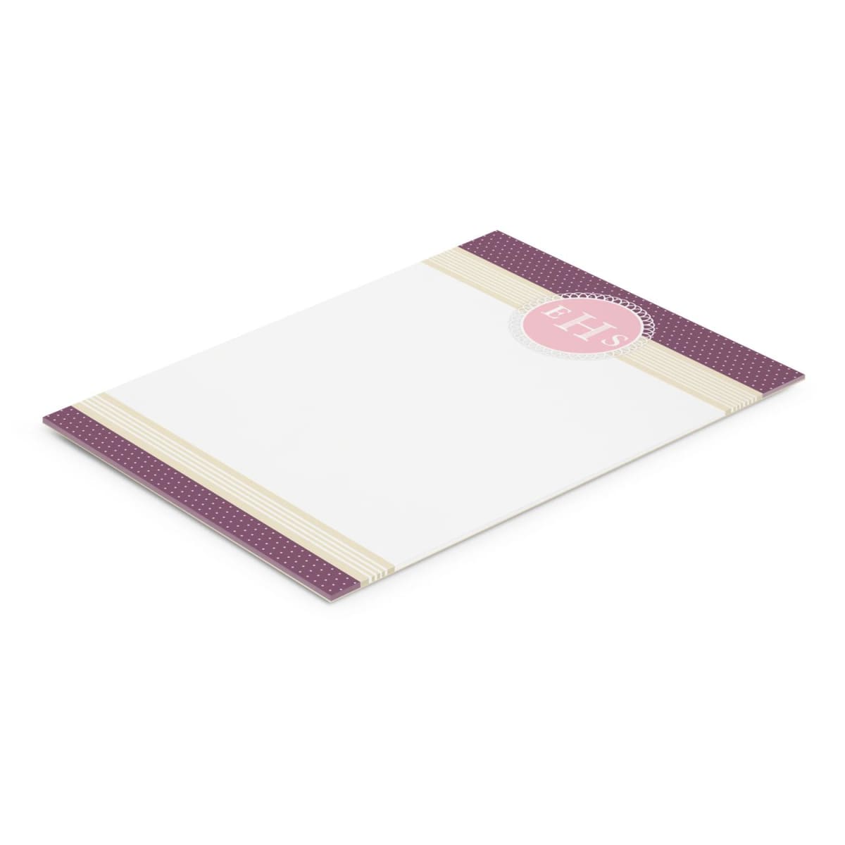 White notepad with purple polka dot edges and a GHS logo.