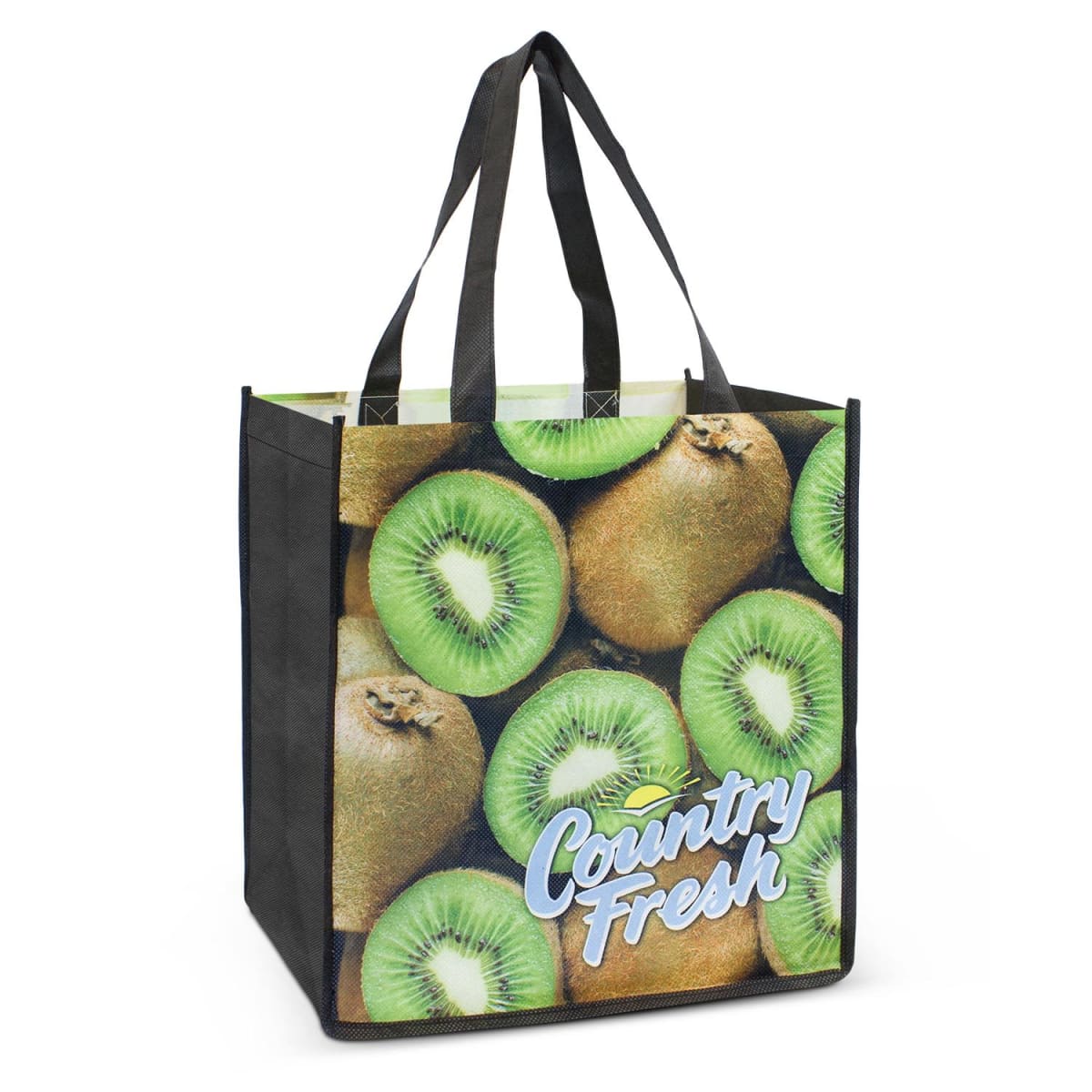 A reusable grocery bag with black handles and sides, featuring a pattern of whole and sliced kiwis. The words Country Fresh are printed in white, blue, and green across the front.