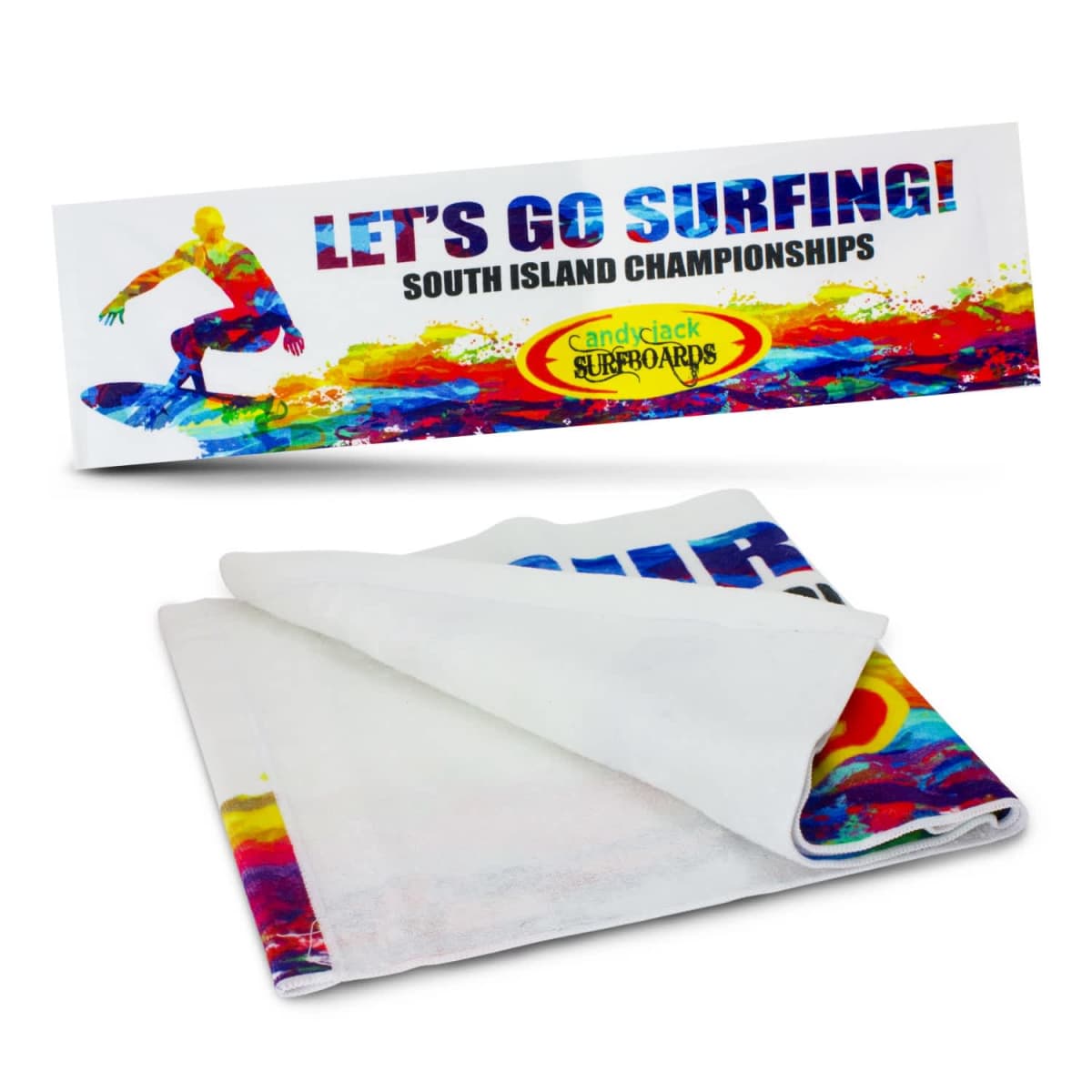 A colorful banner and towel feature a surfing theme. The banner says, LETS GO SURFING! SOUTH ISLAND CHAMPIONSHIPS with vibrant graphics of a surfer and splashes of color. The towel below shows part of the same design.