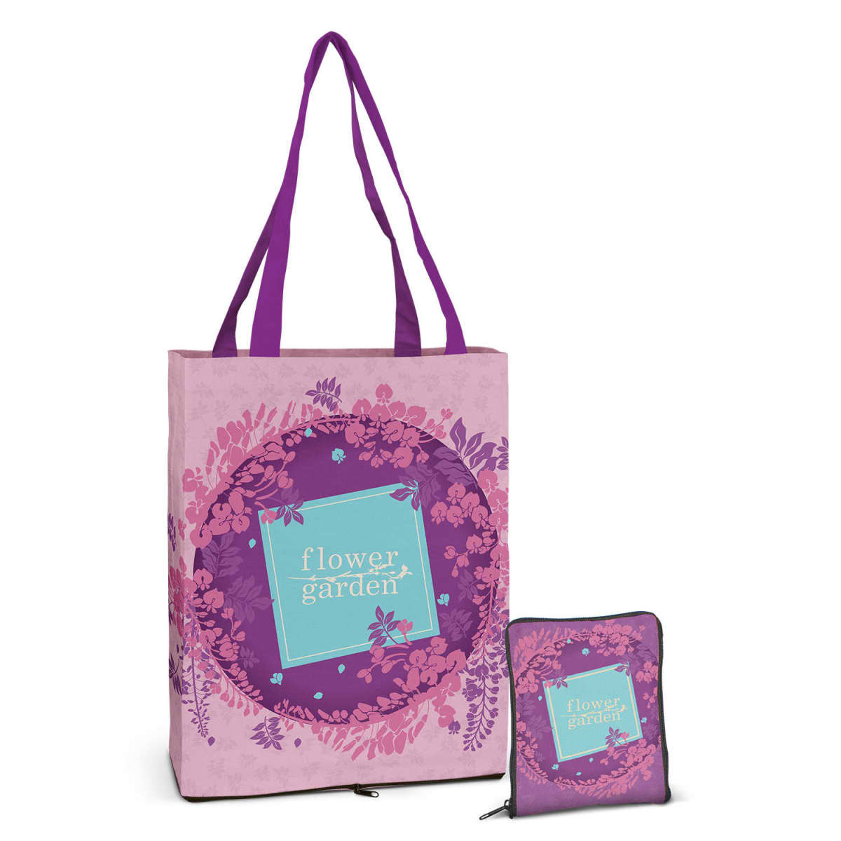 Pink tote bag with purple handles featuring floral designs and the text flower garden in the center. A matching smaller folded pouch is next to the bag, featuring the same design and text.