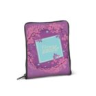 A purple pouch with a zipper, featuring a floral wreath design in pink and purple hues. The center has a turquoise square with the words flower garden written in lowercase white letters.
