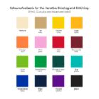 A color chart with sixteen squares, each labeled with names and PMS codes: Natural 466C, Tan 109C, Yellow 109C, Gold 1235C, Orange 164C, Pink 230C, Red 186C, Burgundy 188C, Lime 368C, Dark Green 347C, Forest Green 3308C, Teal 3262C, Royal Blue 286C, Navy 289C, Purple 2597C, Black.