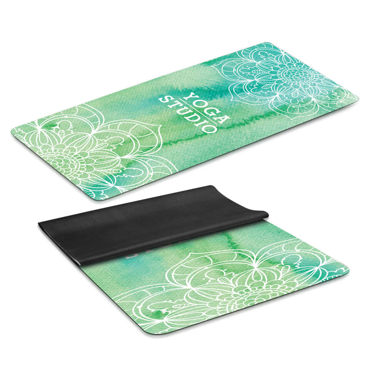 Two yoga mats with a green watercolor background and white mandala patterns. One mat is labeled YOGA STUDIO and is fully visible, while the other is partially rolled up, showing a black underside.