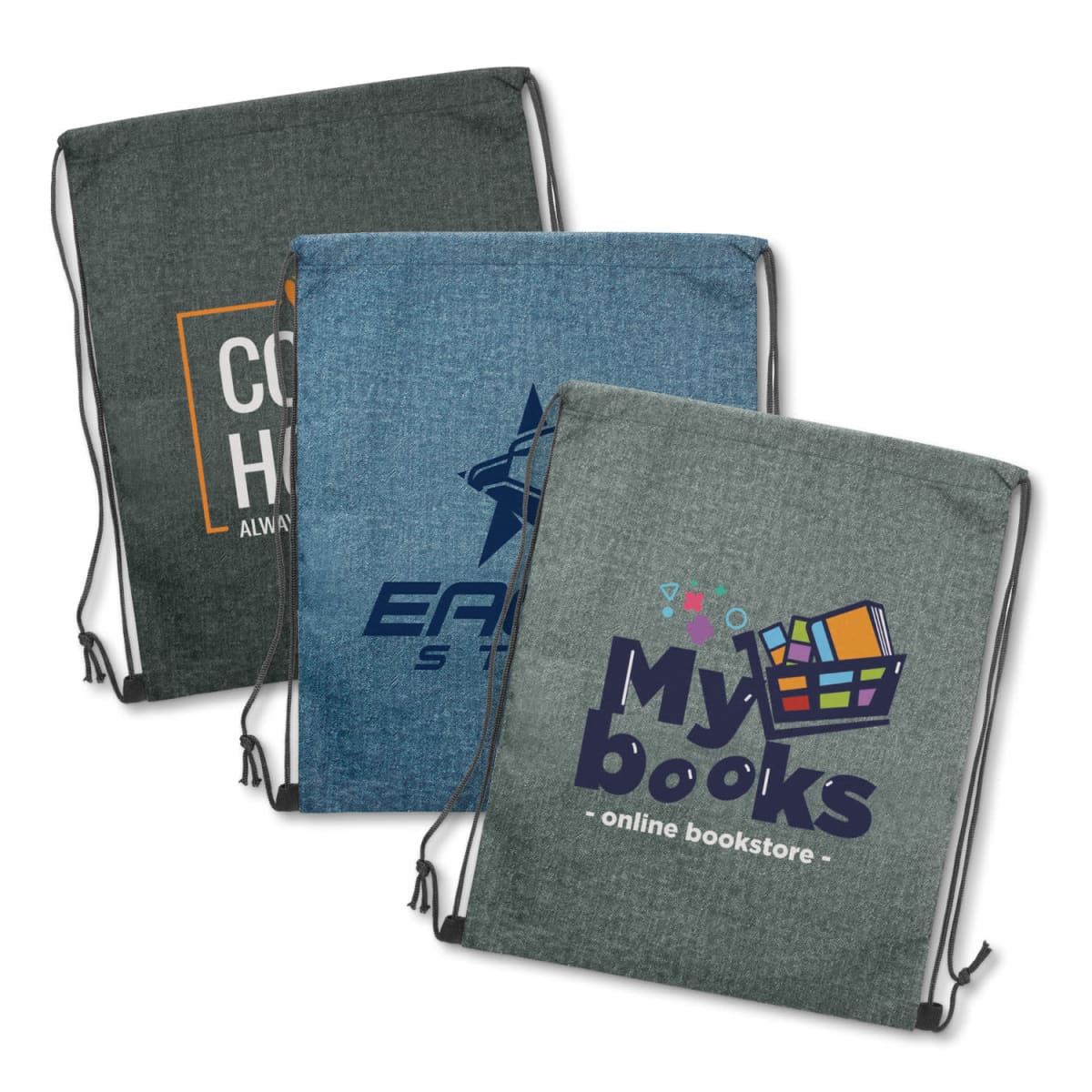 Three drawstring backpacks with different logos and designs displayed side by side.