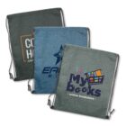 Three drawstring backpacks with different logos and designs displayed on the front.