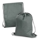 Two grey drawstring backpacks, one standing upright and one laid flat.