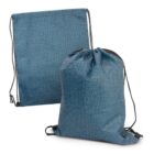 Two blue drawstring backpacks, one standing upright and one lying flat.