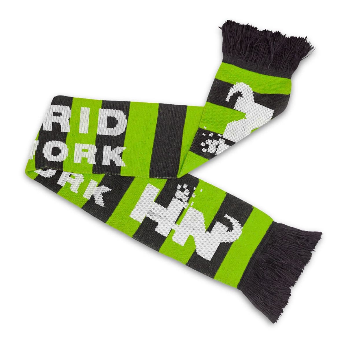A knitted scarf featuring bold green and black stripes with white letters spelling GRID NETWORK and pixelated designs, including a white car icon. Black fringes adorn both ends of the scarf.